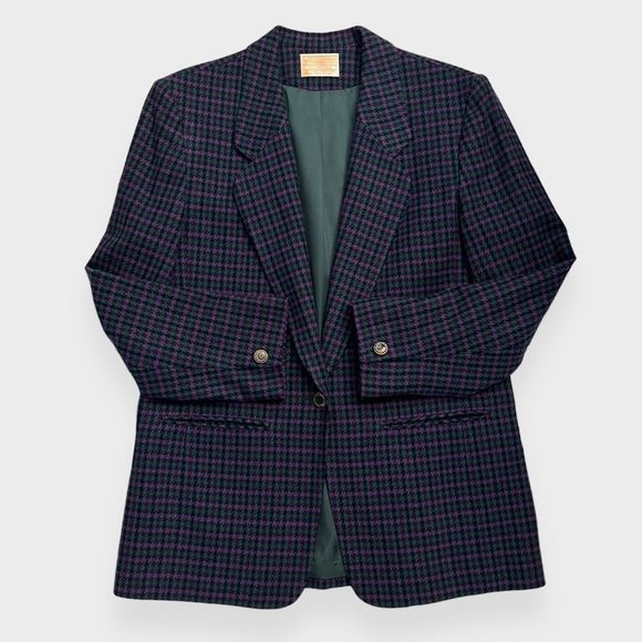 Vintage 80s Pendleton Skirt Suit 12 Houndstooth Blazer 2 Piece Set Purple Green - Picture 14 of 14